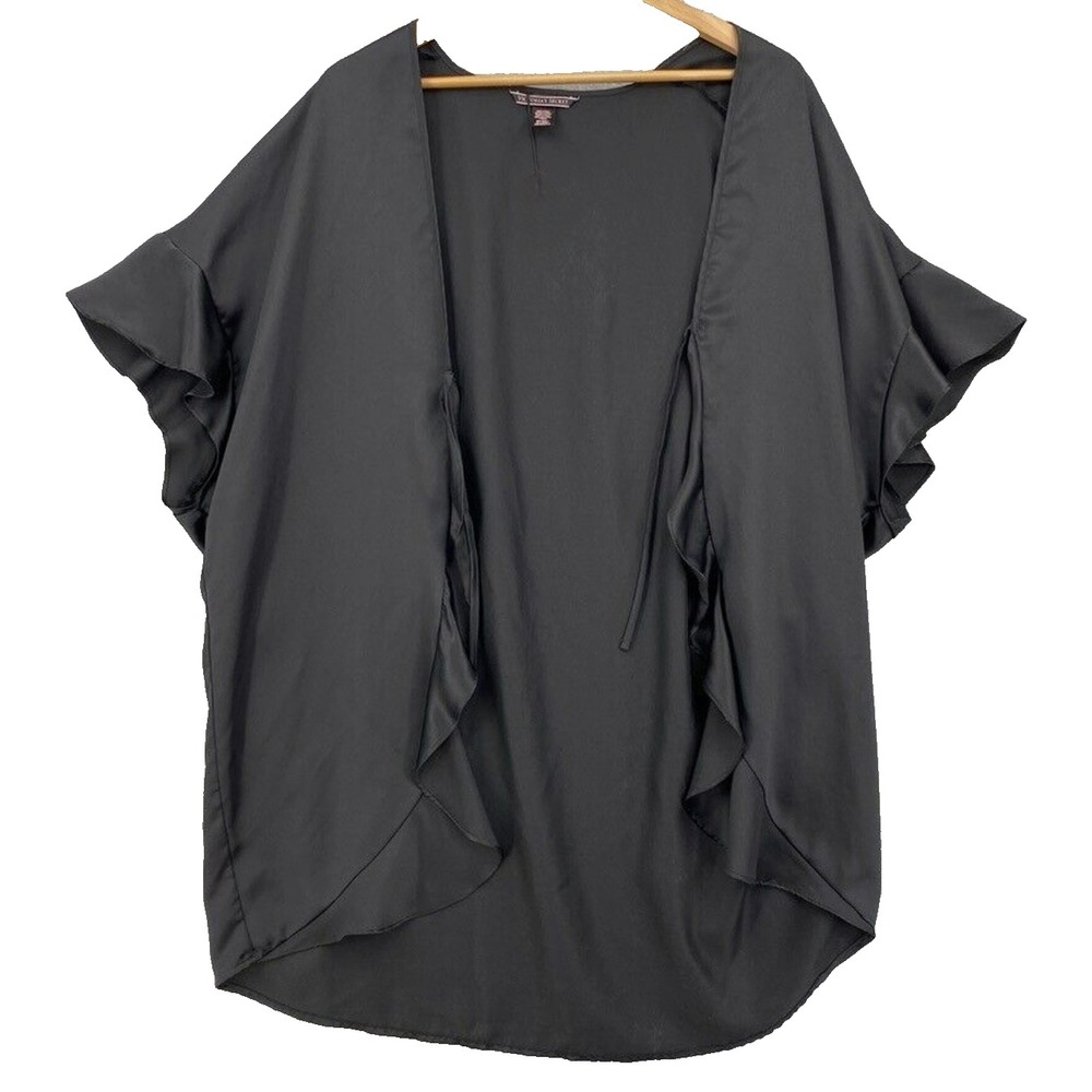 VICTORIA'S SECRET Black Satin Short KIMONO Robe RUFFLE TRIM Short Sleeves OS/S/M